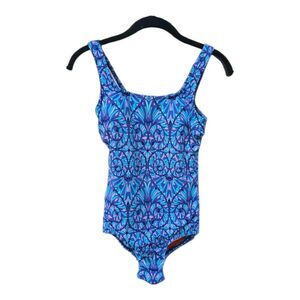 Lands End Womens One Piece Swimsuit Bathing Suit Blue Purple Geometric Size 4